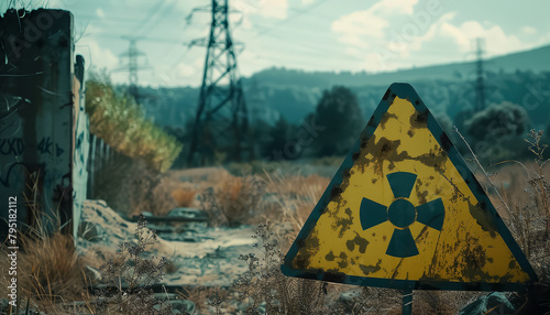 A rusted sign with a radioactive symbol on it is in a field