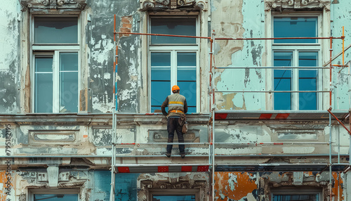 A man is working on a building, painting the outside