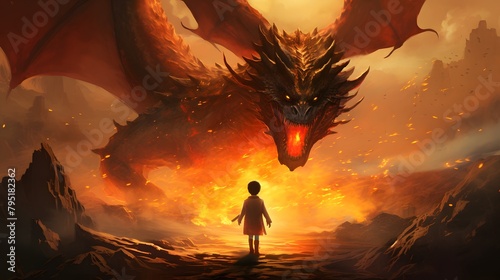 In an apocalyptic scene, a lone child faces an enormous dragon, embodying an epic clash between innocence and primal fury, Digital art style, illustration painting.