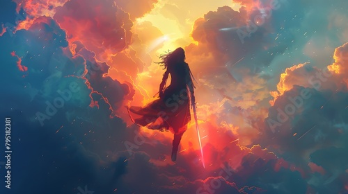 A fierce warrior woman stands with her sword against a backdrop of a sunlit, fiery cloud-scape that evokes a celestial inferno, Digital art style, illustration painting.