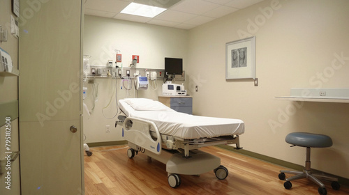 A hospital room with a bed and a chair