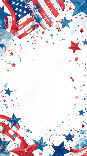 Patriotic scene with a red, white, and blue American flag and a bunch of stars. Vertical frame greeting card. Generative AI.