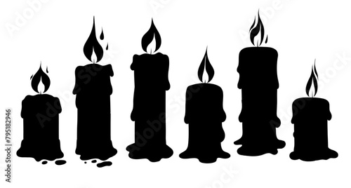 Vector set of black silhouette wax candles with lights. Religion and faith. Monochrome collection cliparts of parafin candles isolated from white background for condolence letters and invitations (ID: 795182946)