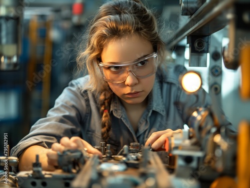 A young woman wearing safety goggles and a blue shirt is working on a machine. She is focused and determined