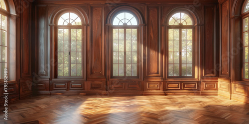  empty room with dark wood paneling and window  Luxury wood paneling background or texture. highly crafted classic or traditional wood paneling  with a frame pattern