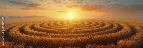 Illustration of intricate crop circles in a wheat field, aerial view at sunrise, golden light enhancing the mysterious patterns.