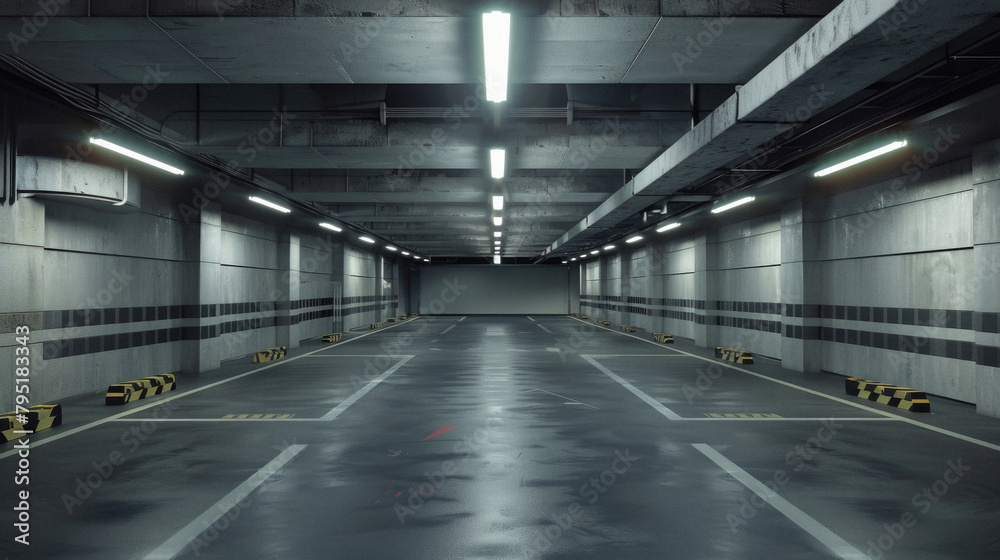 A large, empty parking garage with a few yellow and black cones A large, empty parking garage with a few yellow and black cones