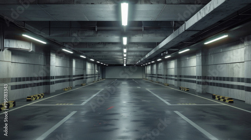 A large, empty parking garage with a few yellow and black cones © Art AI Gallery