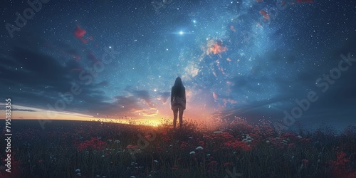Captivated by the cosmos, a solitary figure gazes into the starlit expanse, yearning for an otherworldly encounter in the shadows of night. photo