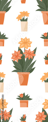 Vector seamless pattern with flowers and leaves in various pots on white background. Hobby garden textile. Texture with flat illustration of lilies in vases for wallpaper, wrapping paper (ID: 795183380)