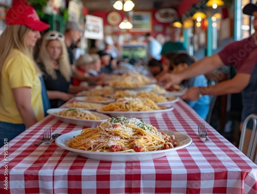 A table full of plates of spaghetti with cheese and meatballs. The table is covered with a red and white checkered tablecloth