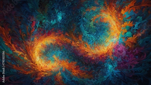 Mesmerizing swirl of vibrant colors dominates image, drawing viewer into dance of hues, tones that seem to be in constant motion. Swirling pattern, reminiscent of galaxy, whirlpool. photo