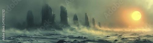 Reconstructed scene of an ancient alien visit, stonehenge like structures, mystical atmosphere, early morning fog. photo