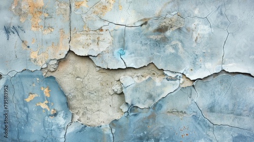 A blue and white distressed wall with peeling paint