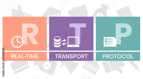 RTP - Real Time Transport Protocol acronym. business concept background. vector illustration concept with keywords and icons. lettering illustration with icon