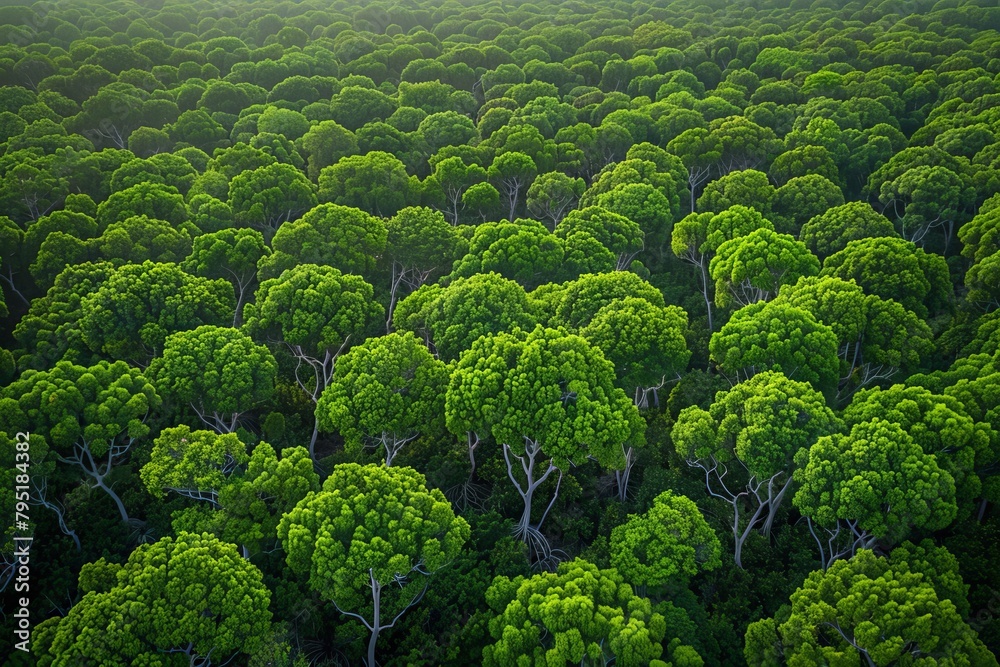 Aerial drone view of co2 absorbing mangrove forest for carbon neutrality concept