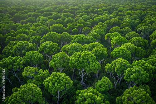 Aerial drone view of co2 absorbing mangrove forest for carbon neutrality concept photo