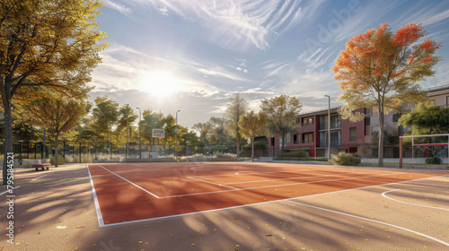 A basketball court with a bench and a few trees in the background photo