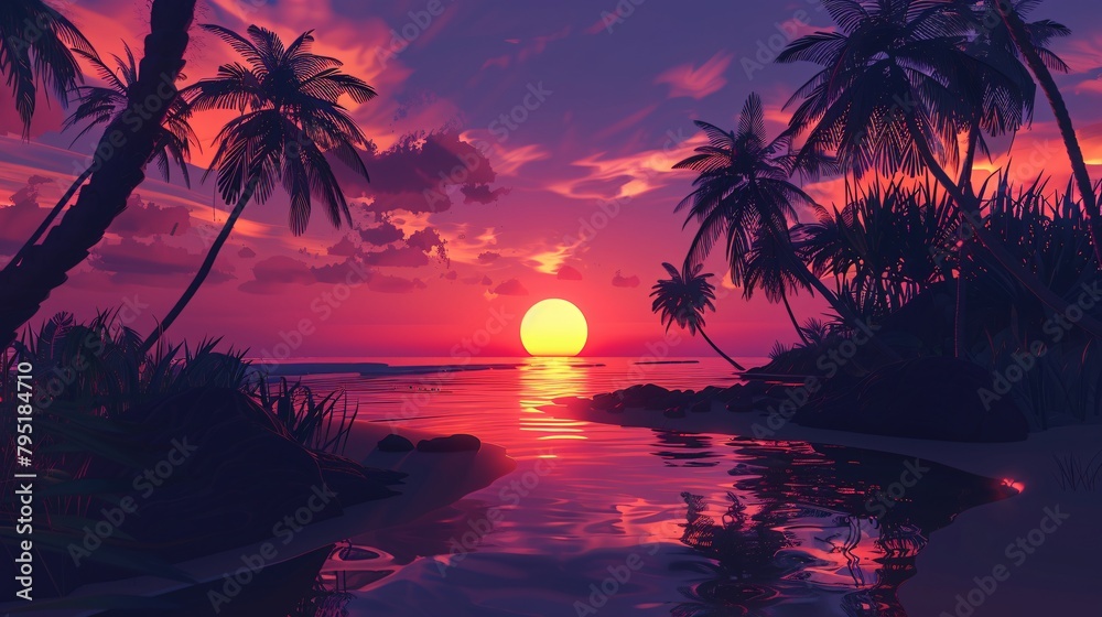 Tropical sunset with palm trees. Landscape with beach and sky