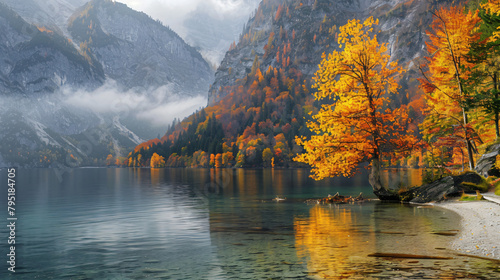 Yellow autumn trees on the shore of lake in Austrian  photo
