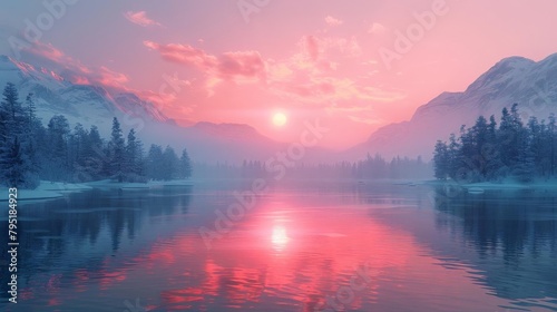 Frozen Lake at Dawn - A tranquil, icy lake reflecting the first light of dawn. © Pui