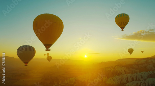 Yellow hot air balloons in the sky at sunrise. 