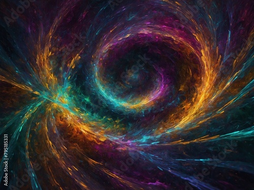 Mesmerizing swirl of vibrant colors dominates image, where radiant hues of blue, orange, purple intertwine in dance of light, shadow. Abstract nature of image evokes sense of mystery, wonder.