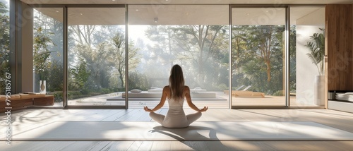 Young beautiful woman doing yoga or meditating at home. International Yoga Day.