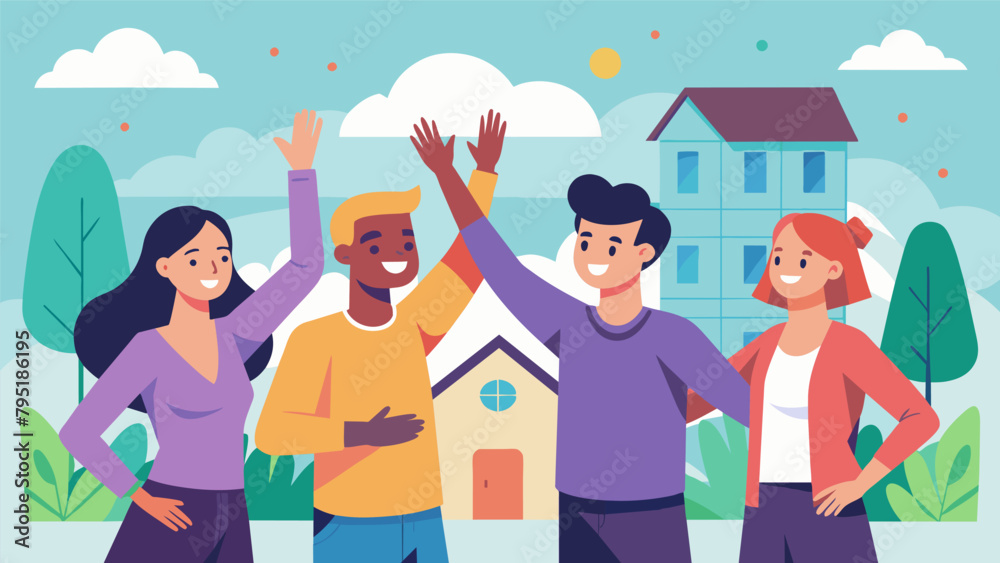 A group of friends highfiving each other after successfully tackling a household chore chart at a neighborhood Chore Completion Bash party. A group of friends highfiving each other after successfully tackling a household chore chart at a neighborhood Chore Completion Bash party.