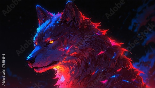 portrait of red holographic glowing neon wolf on dark background from Generative AI © SevenThreeSky