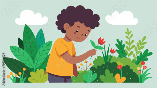 A curious child examining a lush flourishing herb garden and identifying each plant by its unique scent and appearance.