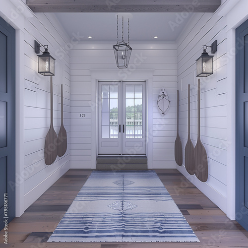 Serene Lakehouse Foyer: Oars on Wall Mounts with Open Concept photo