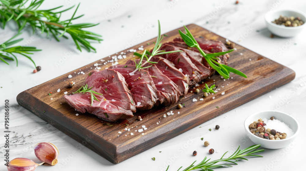 Pieces of medium rare meat with herbs and spices on a wooden board on a light marble background with space for text