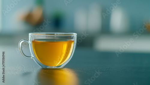 A cup of tea sits on a wooden table