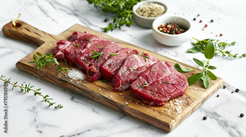 Pieces of raw meat with herbs and spices on a wooden board on a light marble background with space for text