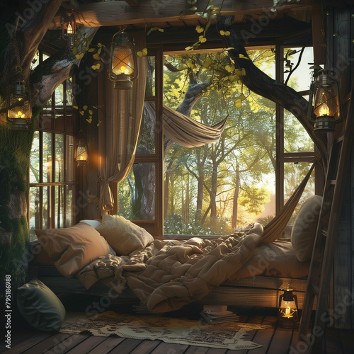 Adventurous Treehouse Bedroom: Lanterns on Branches with Hammock © Sekai