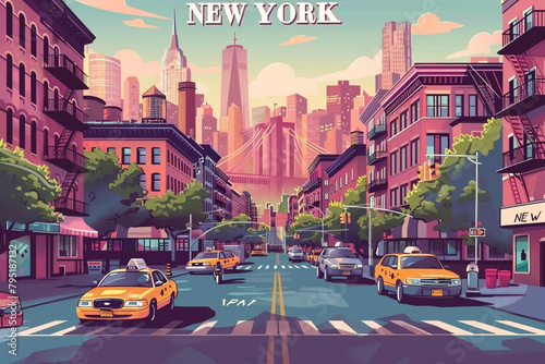 New York poster with text NEW YORK in cinzel font, in the style of graphic design-inspired illustrations
