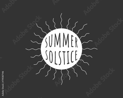Summer solstice logo. Longest day of the year holiday logotype concept. Linear sun with inscription. Vector eps symbol
