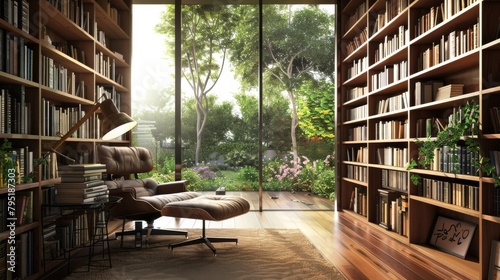 Cozy home library with floor-to-ceiling bookshelves overlooking a lush garden