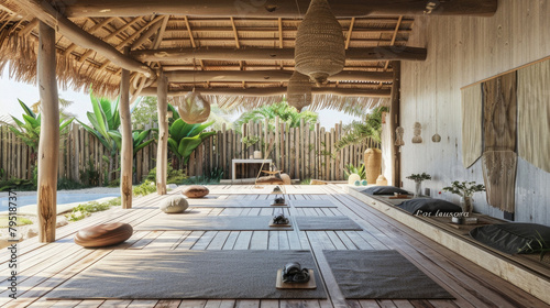 A yoga studio with a wooden floor and a bamboo roof