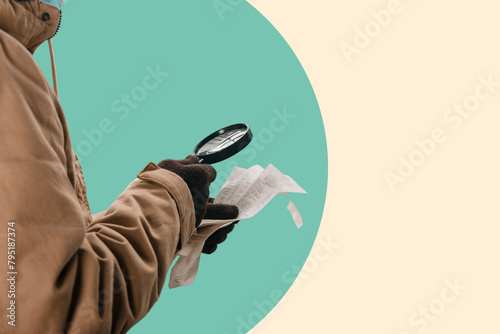 Closeup of male customer checking his cashier's paper receipt with magnifying glass, Economic shock: Man's reaction to a sales receipt hints at the surprise of inflation's effect