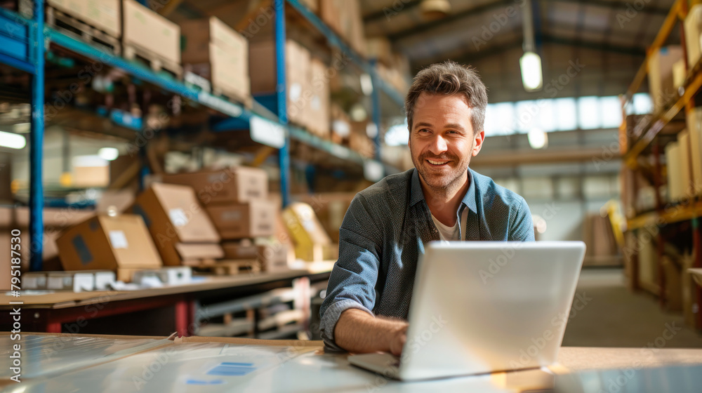 Issuing orders from the warehouse. Young smiling man groups the order. man with a laptop and boxes on the background of the warehouse. Order picker. Delivery, shipping department Issuing orders from the warehouse. Young smiling man groups the order. man with a laptop and boxes on the background of the warehouse. Order picker. Delivery, shipping department