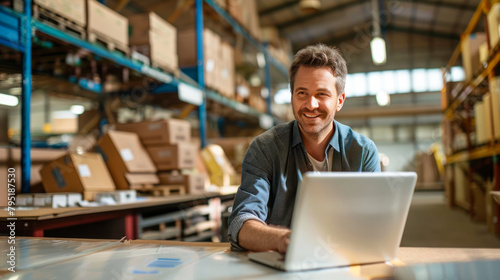Issuing orders from the warehouse. Young smiling man groups the order. man with a laptop and boxes on the background of the warehouse. Order picker. Delivery, shipping department