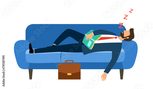 Tired exhausted businessman sleeping on sofa after work in flat design. photo