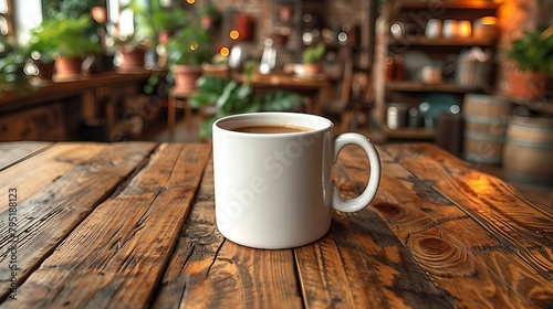 A blank white mug on a table for logo or branding design. AI generate illustration
