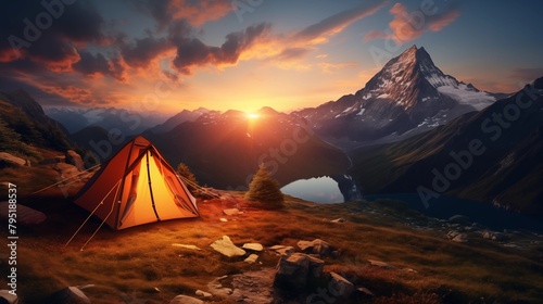 camping tent high in the mountains at sunset. photo