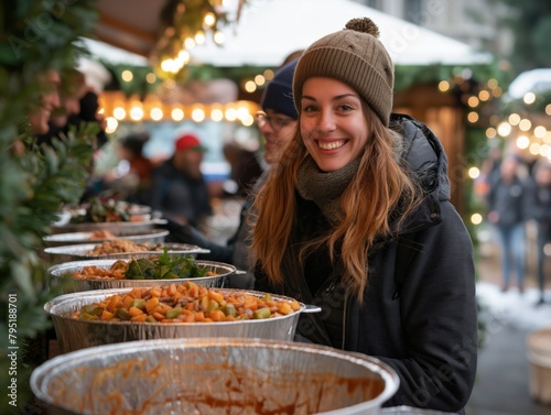 A woman wearing a brown hat is smiling at the camera in front of a table full of food © MaxK