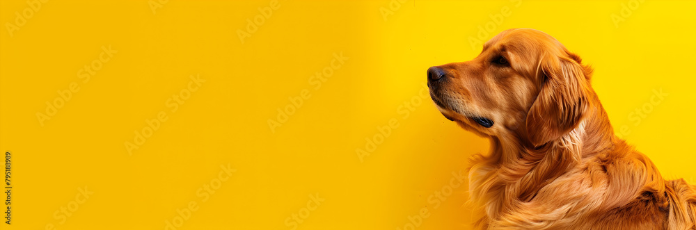 Elegant golden retriever web banner. Stylish retriever isolated on yellow background with copy space.