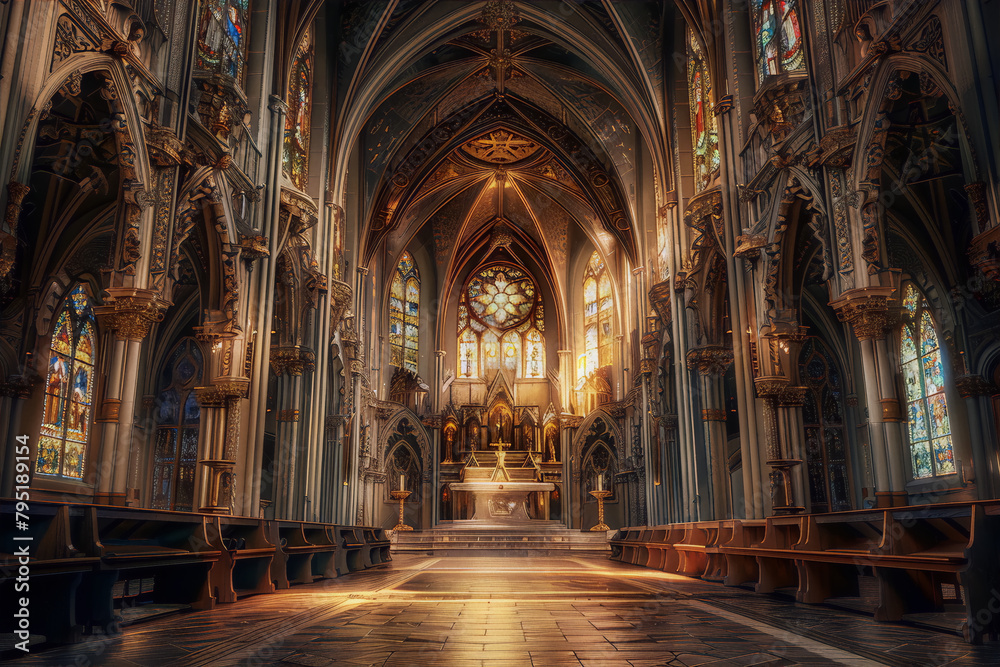 Imposing gothic cathedral interior with stained glass windows in golden light