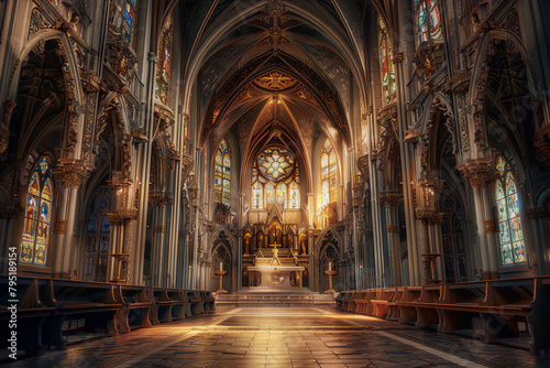 Imposing gothic cathedral interior with stained glass windows in golden light